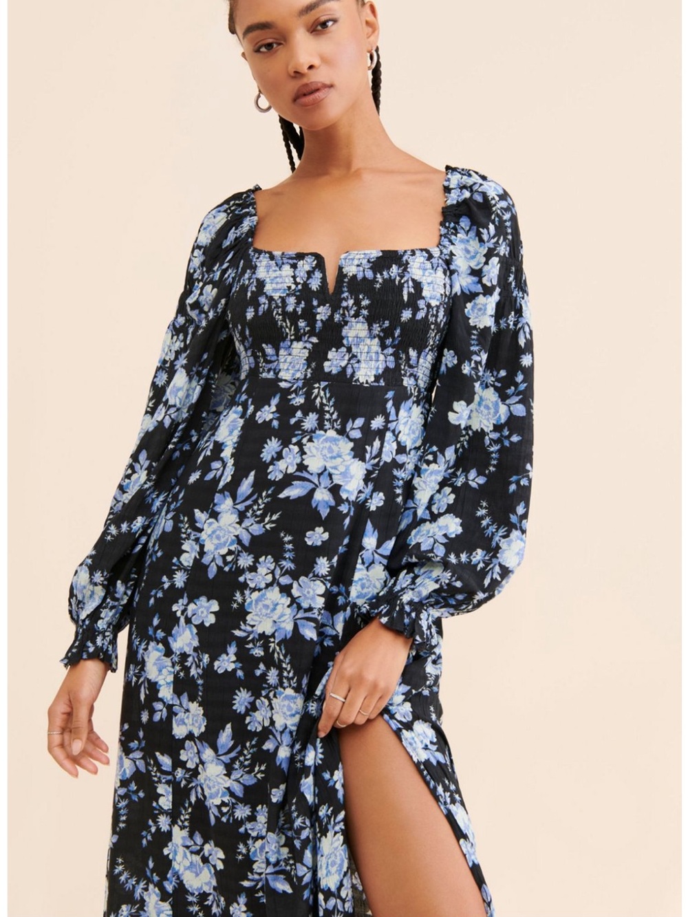 Black Floral Midi Dress with Blue Floral Print 2343
